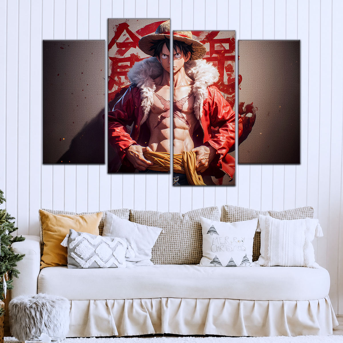 One Piece Canvas Wall Art - Monkey D. Luffy 5 Piece Split Panel Anime Poster - Framed Ready to Hang Living Room & Man Cave Decor - OP5060