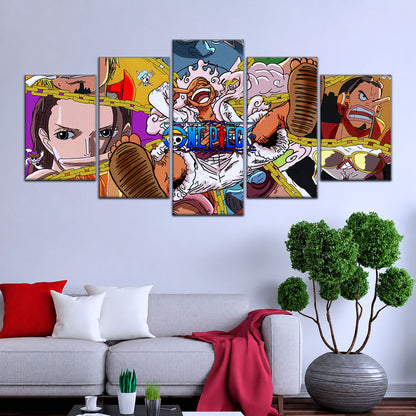 One Piece Canvas Wall Art - Monster Trio Luffy Gear 5, Zoro & Sanji 5 Piece Split Panel Anime Poster - Framed Ready to Hang Living Room & Man Cave Decor - OP5061