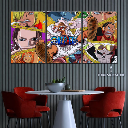 One Piece Canvas Wall Art - Monster Trio Luffy Gear 5, Zoro & Sanji 5 Piece Split Panel Anime Poster - Framed Ready to Hang Living Room & Man Cave Decor - OP5061
