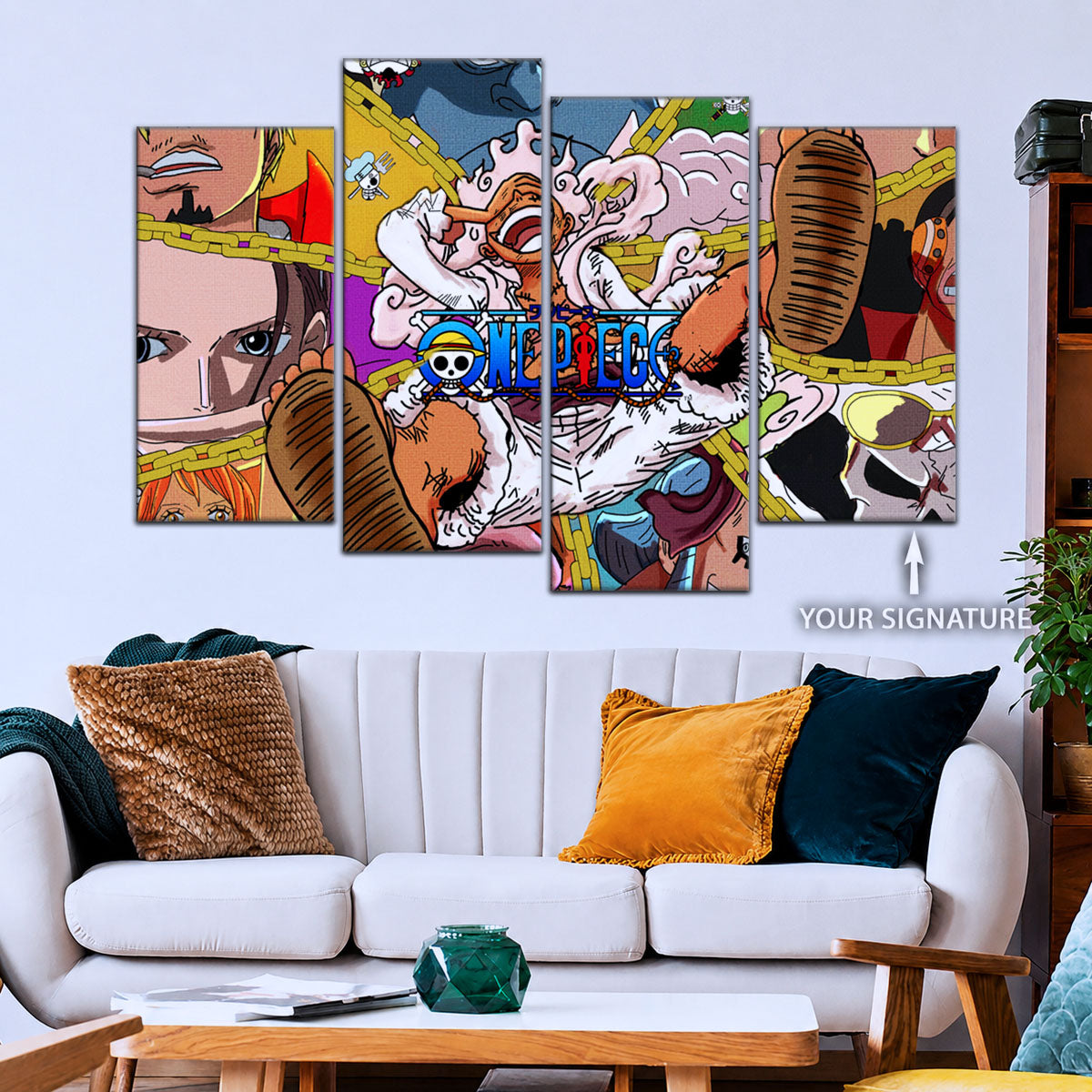 One Piece Canvas Wall Art - Monster Trio Luffy Gear 5, Zoro & Sanji 5 Piece Split Panel Anime Poster - Framed Ready to Hang Living Room & Man Cave Decor - OP5061