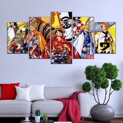 One Piece Canvas Wall Art - Straw Hat Crew featuring Luffy & Zoro 5 Piece Split Panel Anime Poster - Framed Ready to Hang Living Room & Man Cave Decor - OP5063