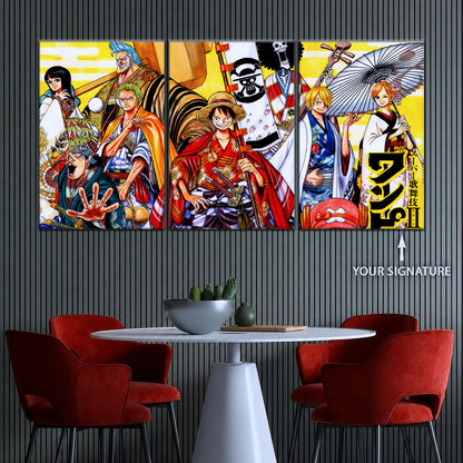 One Piece Canvas Wall Art - Straw Hat Crew featuring Luffy & Zoro 5 Piece Split Panel Anime Poster - Framed Ready to Hang Living Room & Man Cave Decor - OP5063
