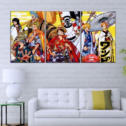 One Piece Canvas Wall Art - Straw Hat Crew featuring Luffy & Zoro 5 Piece Split Panel Anime Poster - Framed Ready to Hang Living Room & Man Cave Decor - OP5063