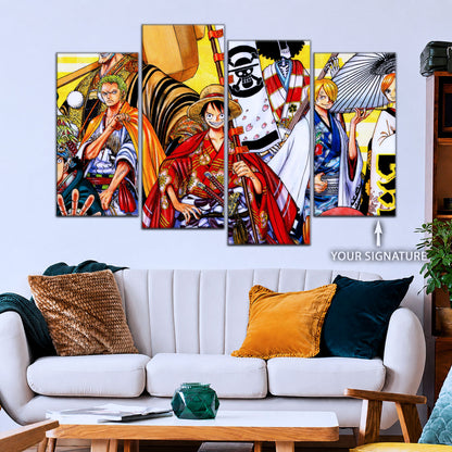 One Piece Canvas Wall Art - Straw Hat Crew featuring Luffy & Zoro 5 Piece Split Panel Anime Poster - Framed Ready to Hang Living Room & Man Cave Decor - OP5063