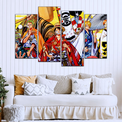 One Piece Canvas Wall Art - Straw Hat Crew featuring Luffy & Zoro 5 Piece Split Panel Anime Poster - Framed Ready to Hang Living Room & Man Cave Decor - OP5063