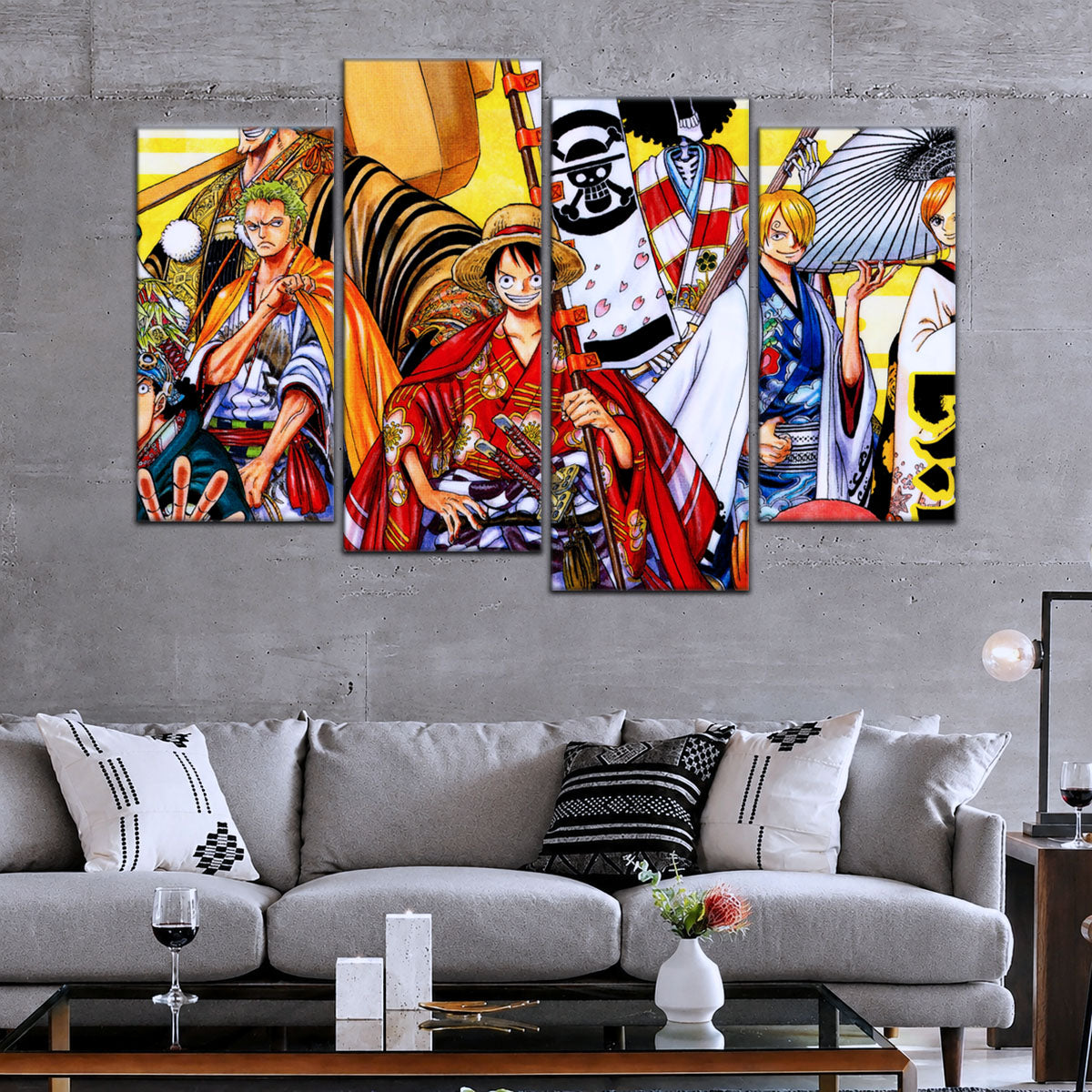 One Piece Canvas Wall Art - Straw Hat Crew featuring Luffy & Zoro 5 Piece Split Panel Anime Poster - Framed Ready to Hang Living Room & Man Cave Decor - OP5063