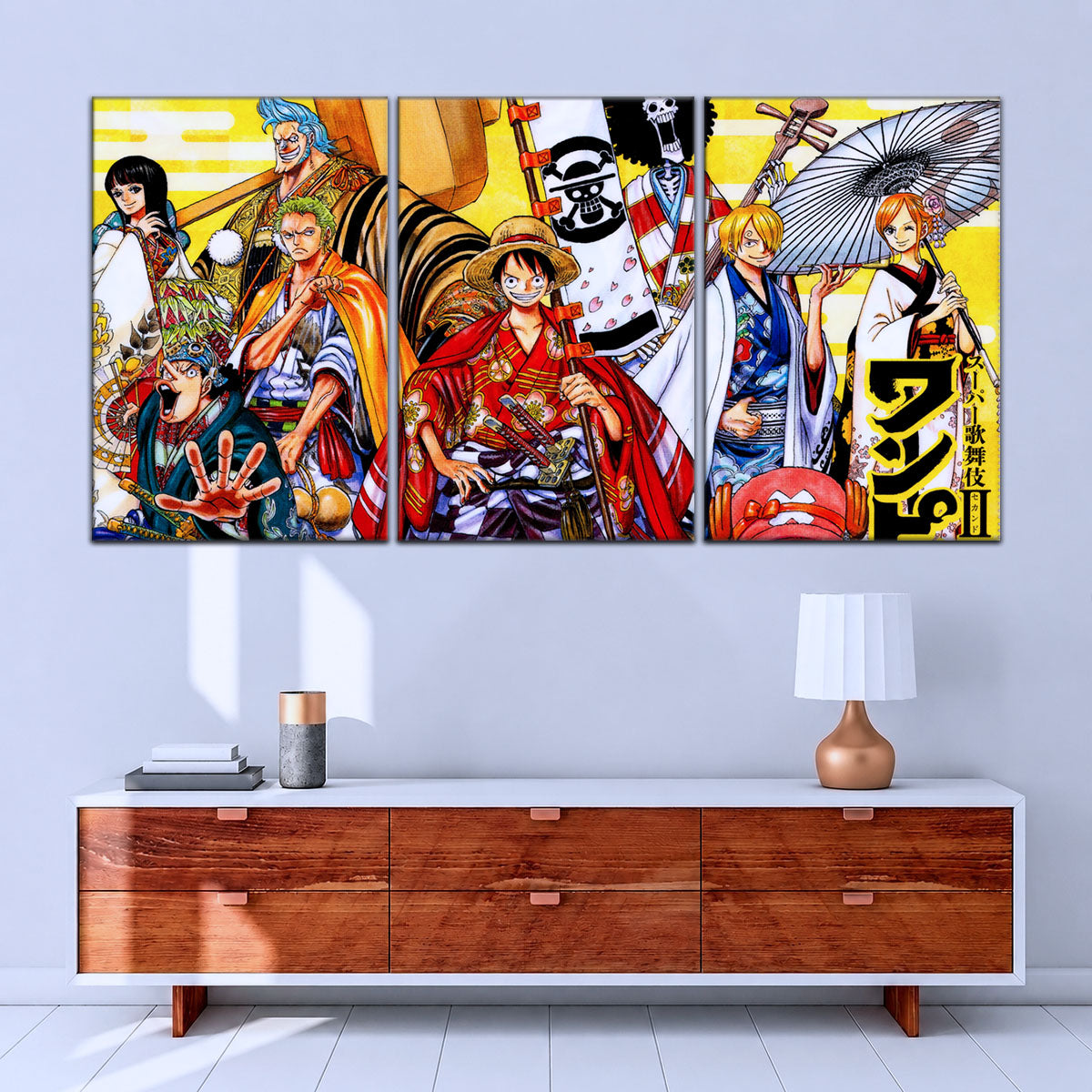 One Piece Canvas Wall Art - Straw Hat Crew featuring Luffy & Zoro 5 Piece Split Panel Anime Poster - Framed Ready to Hang Living Room & Man Cave Decor - OP5063