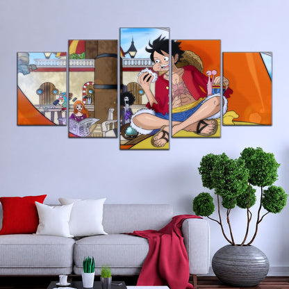 One Piece Canvas Wall Art - Straw Hat Crew featuring Luffy 5 Piece Split Panel Anime Poster - Framed Ready to Hang Living Room & Man Cave Decor - OP5064