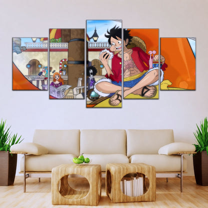 One Piece Canvas Wall Art - Straw Hat Crew featuring Luffy 5 Piece Split Panel Anime Poster - Framed Ready to Hang Living Room & Man Cave Decor - OP5064