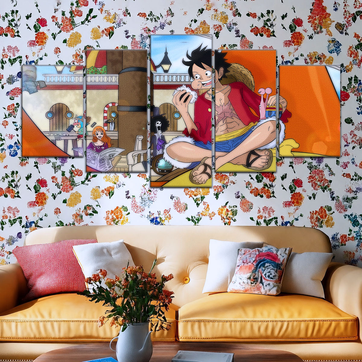 One Piece Canvas Wall Art - Straw Hat Crew featuring Luffy 5 Piece Split Panel Anime Poster - Framed Ready to Hang Living Room & Man Cave Decor - OP5064