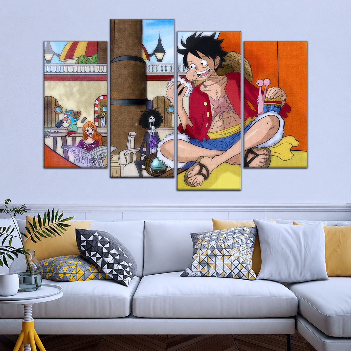 One Piece Canvas Wall Art - Straw Hat Crew featuring Luffy 5 Piece Split Panel Anime Poster - Framed Ready to Hang Living Room & Man Cave Decor - OP5064