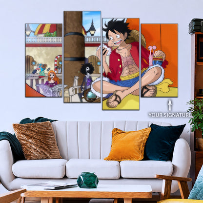 One Piece Canvas Wall Art - Straw Hat Crew featuring Luffy 5 Piece Split Panel Anime Poster - Framed Ready to Hang Living Room & Man Cave Decor - OP5064