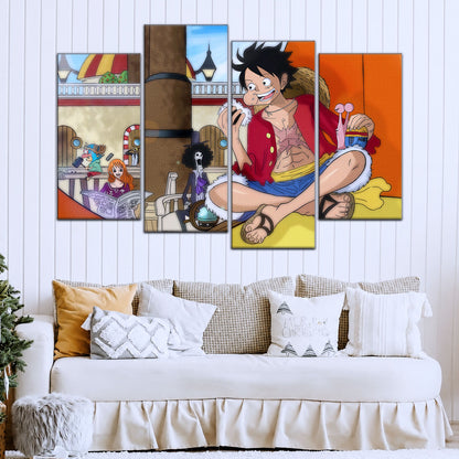 One Piece Canvas Wall Art - Straw Hat Crew featuring Luffy 5 Piece Split Panel Anime Poster - Framed Ready to Hang Living Room & Man Cave Decor - OP5064