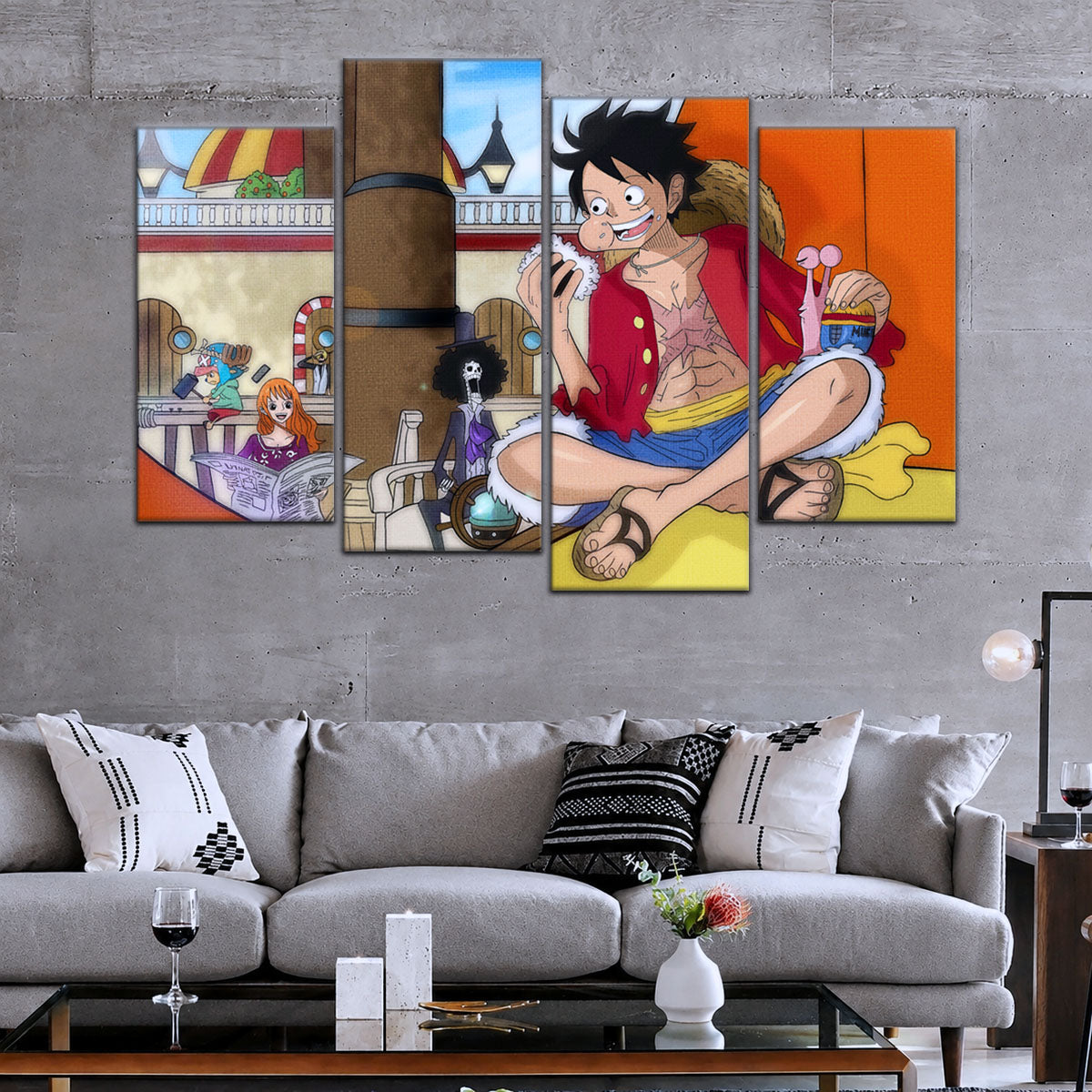 One Piece Canvas Wall Art - Straw Hat Crew featuring Luffy 5 Piece Split Panel Anime Poster - Framed Ready to Hang Living Room & Man Cave Decor - OP5064