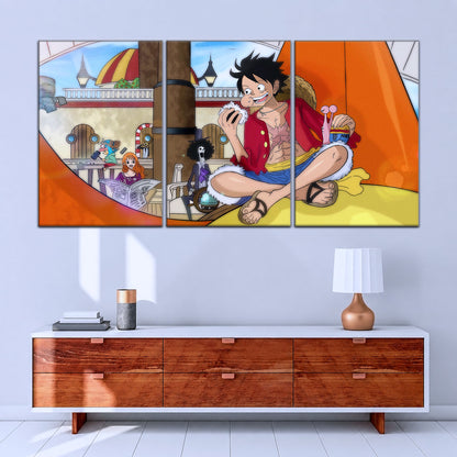 One Piece Canvas Wall Art - Straw Hat Crew featuring Luffy 5 Piece Split Panel Anime Poster - Framed Ready to Hang Living Room & Man Cave Decor - OP5064