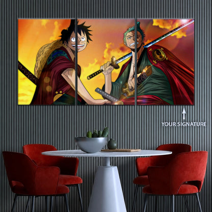 One Piece Wano Arc Canvas Wall Art - Luffy & Zoro 5 Piece Split Panel Anime Poster - Framed Ready to Hang Living Room & Man Cave Decor - OP5065