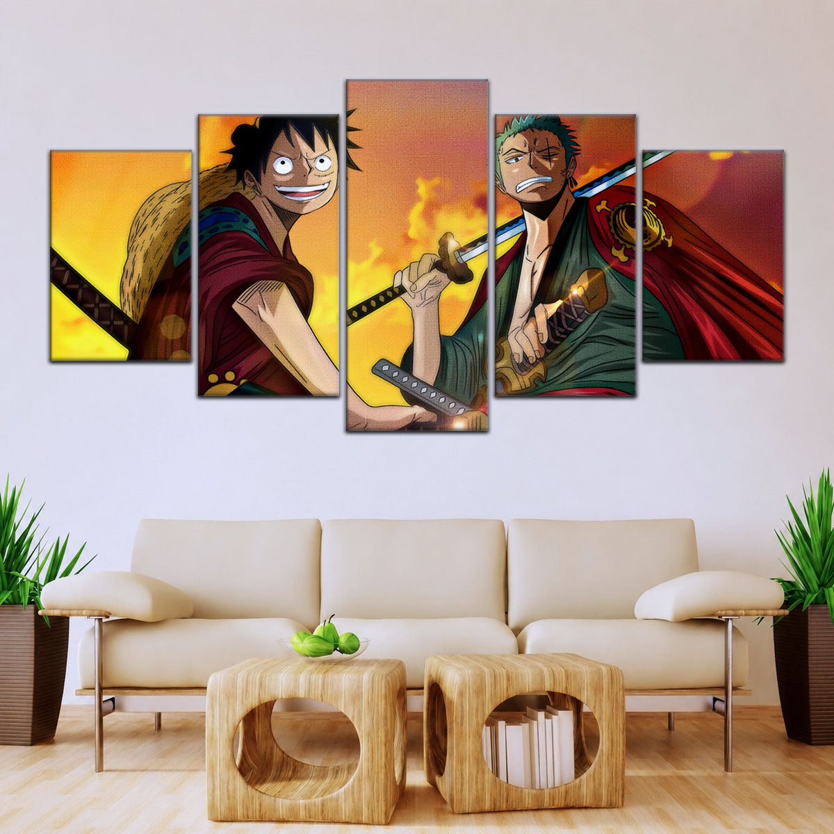 One Piece Wano Arc Canvas Wall Art - Luffy & Zoro 5 Piece Split Panel Anime Poster - Framed Ready to Hang Living Room & Man Cave Decor - OP5065