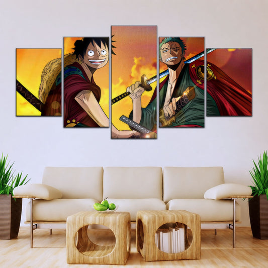 One Piece Wano Arc Canvas Wall Art - Luffy & Zoro 5 Piece Split Panel Anime Poster - Framed Ready to Hang Living Room & Man Cave Decor - OP5065