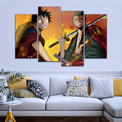One Piece Wano Arc Canvas Wall Art - Luffy & Zoro 5 Piece Split Panel Anime Poster - Framed Ready to Hang Living Room & Man Cave Decor - OP5065