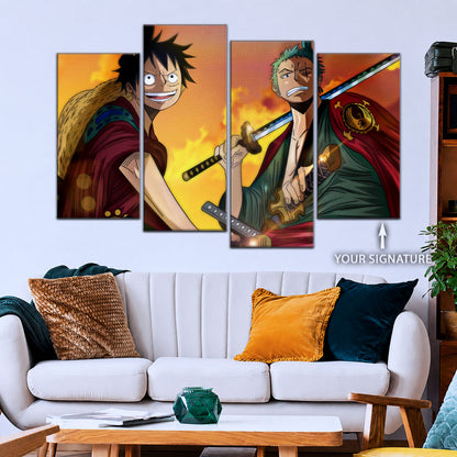 One Piece Wano Arc Canvas Wall Art - Luffy & Zoro 5 Piece Split Panel Anime Poster - Framed Ready to Hang Living Room & Man Cave Decor - OP5065