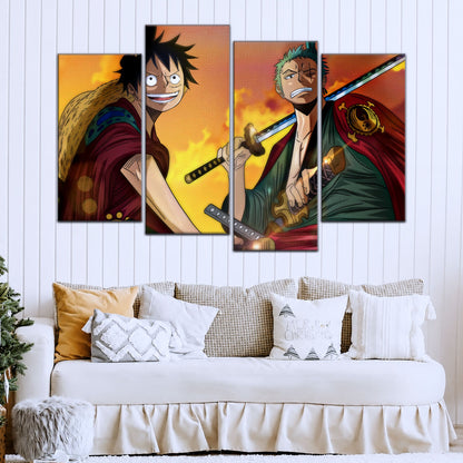 One Piece Wano Arc Canvas Wall Art - Luffy & Zoro 5 Piece Split Panel Anime Poster - Framed Ready to Hang Living Room & Man Cave Decor - OP5065