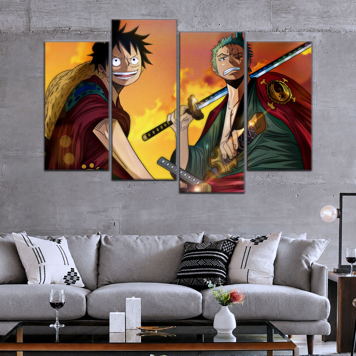 One Piece Wano Arc Canvas Wall Art - Luffy & Zoro 5 Piece Split Panel Anime Poster - Framed Ready to Hang Living Room & Man Cave Decor - OP5065