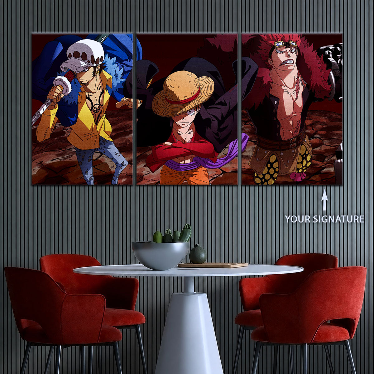 One Piece Canvas Wall Art - Luffy, Law & Kid 5 Piece Split Panel Anime Poster - Framed Ready to Hang Living Room & Man Cave Decor - OP5066