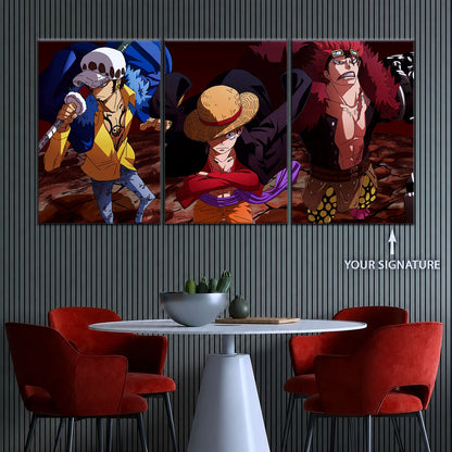 One Piece Canvas Wall Art - Luffy, Law & Kid 5 Piece Split Panel Anime Poster - Framed Ready to Hang Living Room & Man Cave Decor - OP5066
