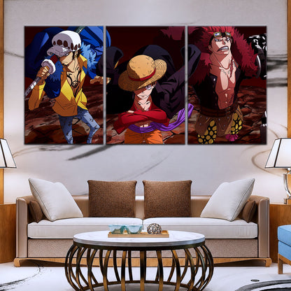 One Piece Canvas Wall Art - Luffy, Law & Kid 5 Piece Split Panel Anime Poster - Framed Ready to Hang Living Room & Man Cave Decor - OP5066
