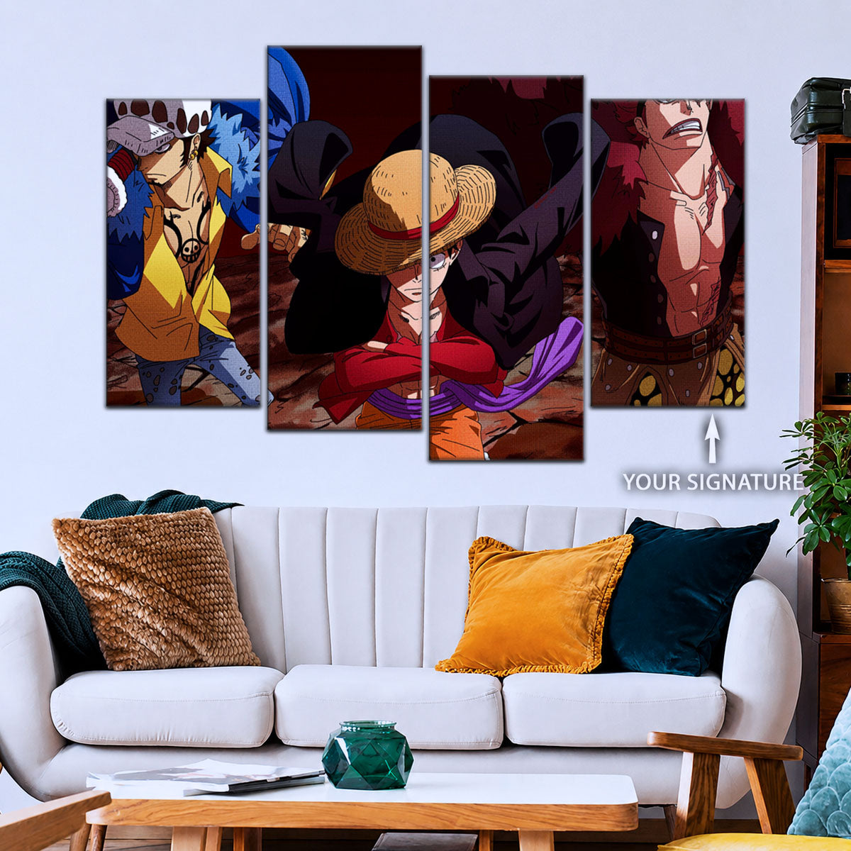 One Piece Canvas Wall Art - Luffy, Law & Kid 5 Piece Split Panel Anime Poster - Framed Ready to Hang Living Room & Man Cave Decor - OP5066