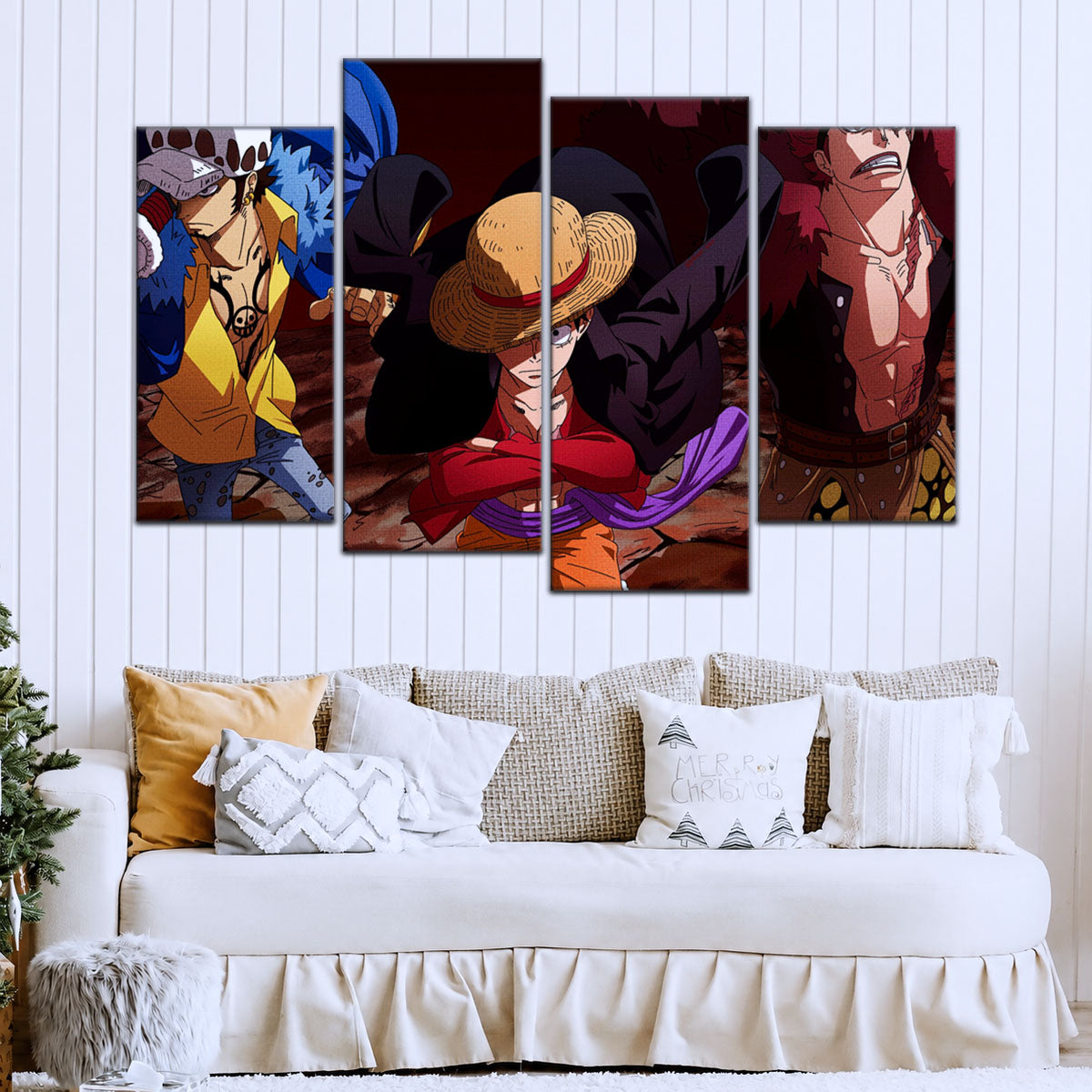 One Piece Canvas Wall Art - Luffy, Law & Kid 5 Piece Split Panel Anime Poster - Framed Ready to Hang Living Room & Man Cave Decor - OP5066