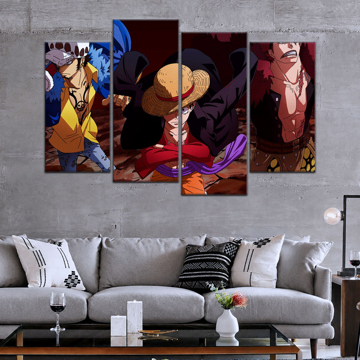 One Piece Canvas Wall Art - Luffy, Law & Kid 5 Piece Split Panel Anime Poster - Framed Ready to Hang Living Room & Man Cave Decor - OP5066