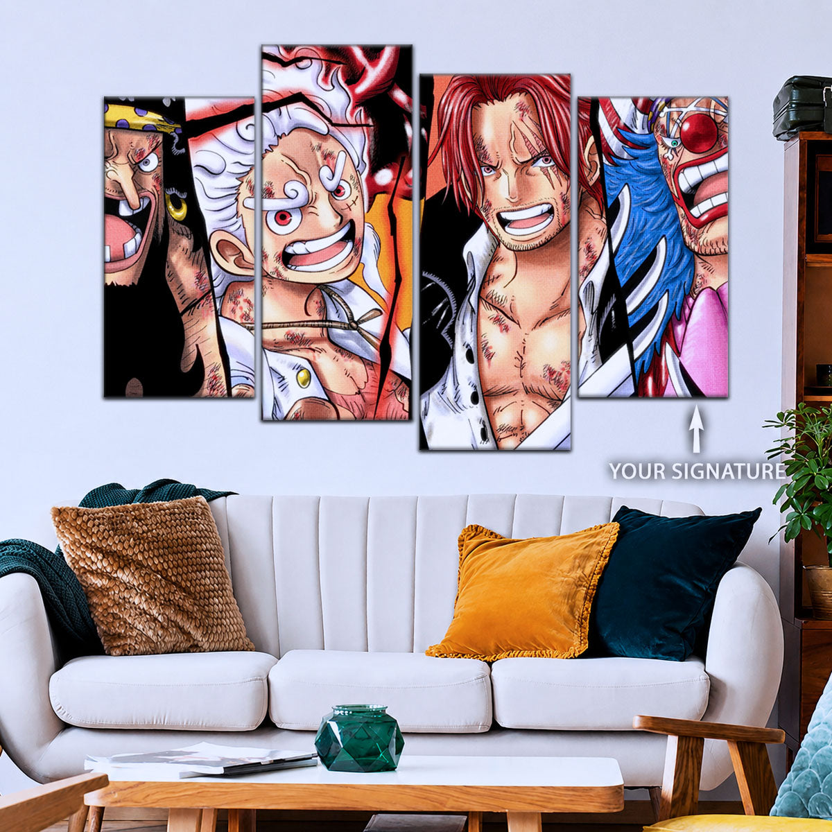 One Piece Canvas Wall Art - Luffy Gear 5, Shanks, Buggy & Teach 5 Piece Split Pa