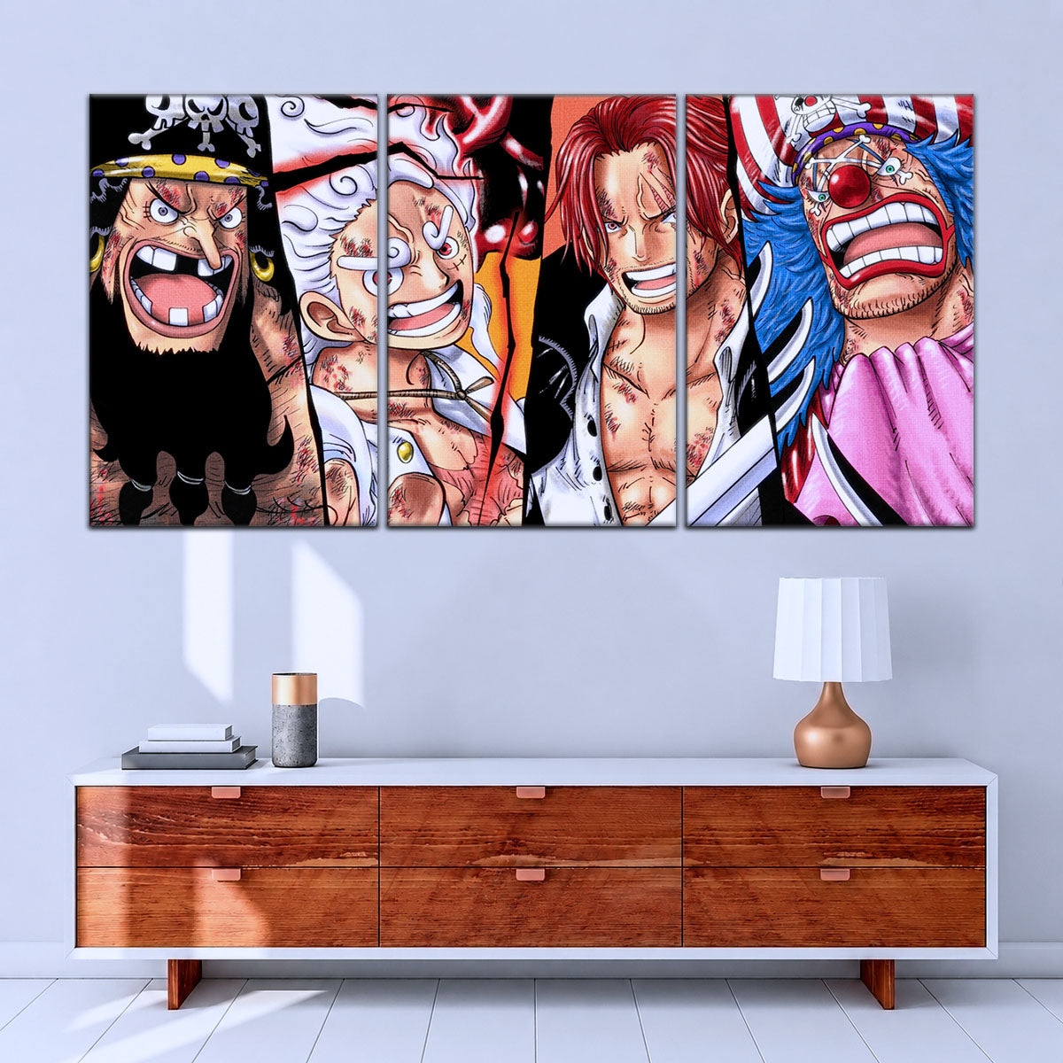 One Piece Canvas Wall Art - Luffy Gear 5, Shanks, Buggy & Teach 5 Piece Split Pa