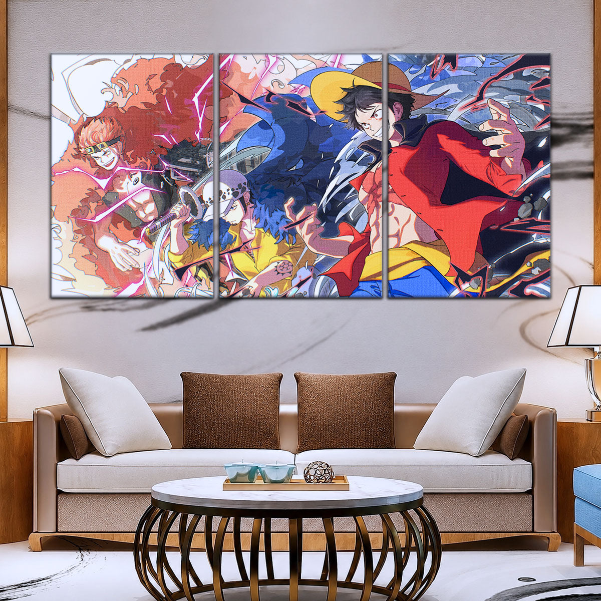 One Piece Canvas Wall Art - Luffy, Law & Kid 5 Piece Split Panel Anime Poster - Framed Ready to Hang Living Room & Man Cave Decor - OP5068