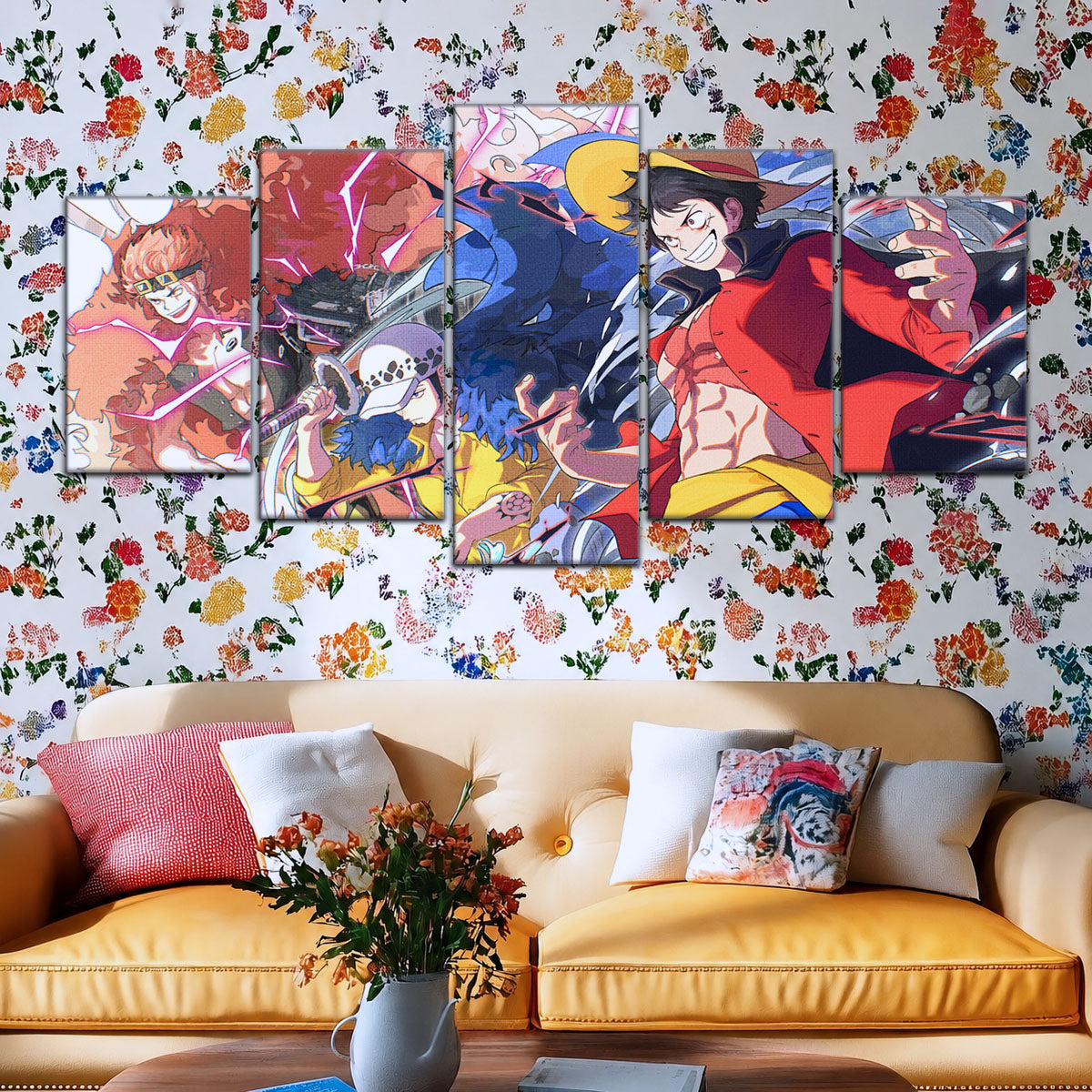 One Piece Canvas Wall Art - Luffy, Law & Kid 5 Piece Split Panel Anime Poster - Framed Ready to Hang Living Room & Man Cave Decor - OP5068
