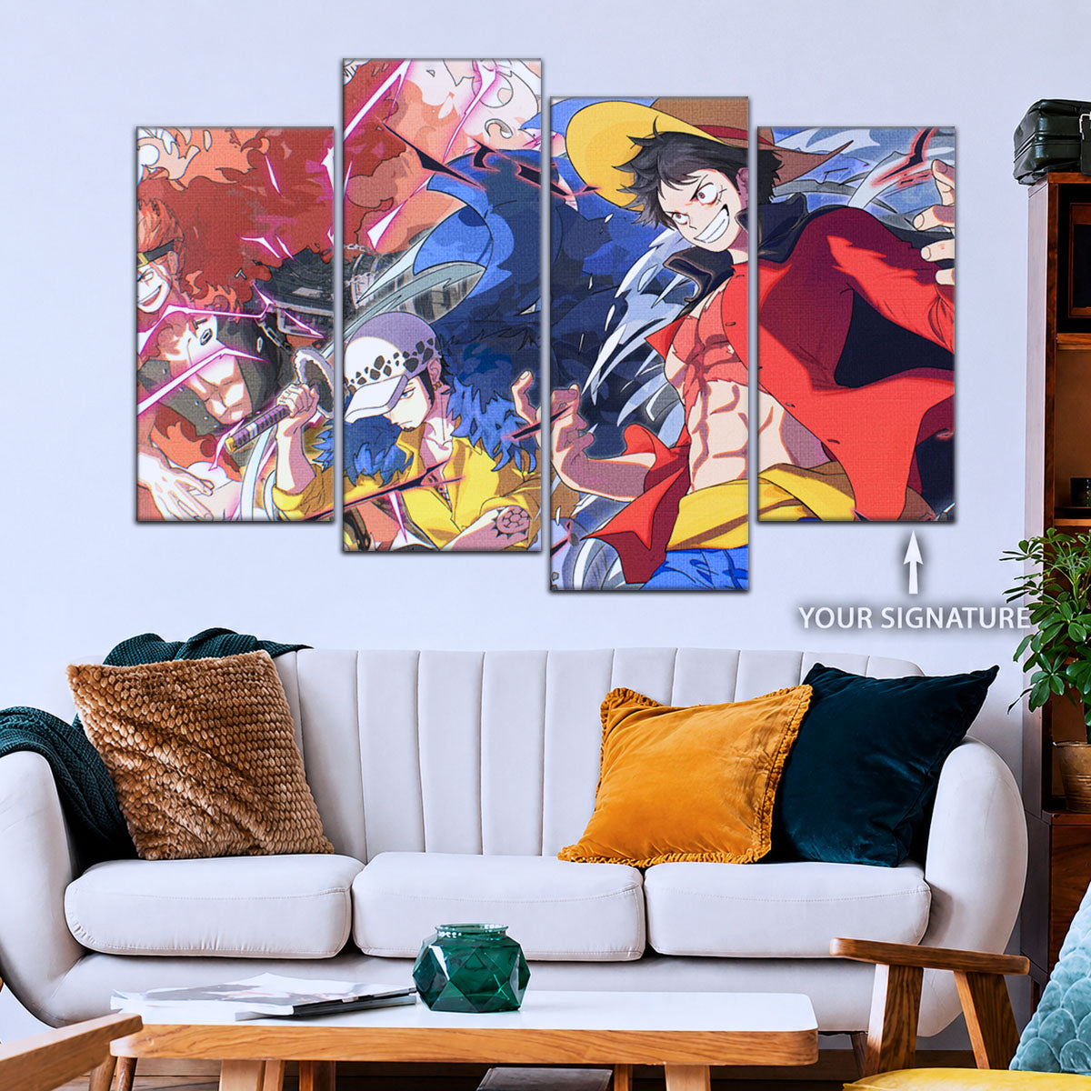 One Piece Canvas Wall Art - Luffy, Law & Kid 5 Piece Split Panel Anime Poster - Framed Ready to Hang Living Room & Man Cave Decor - OP5068