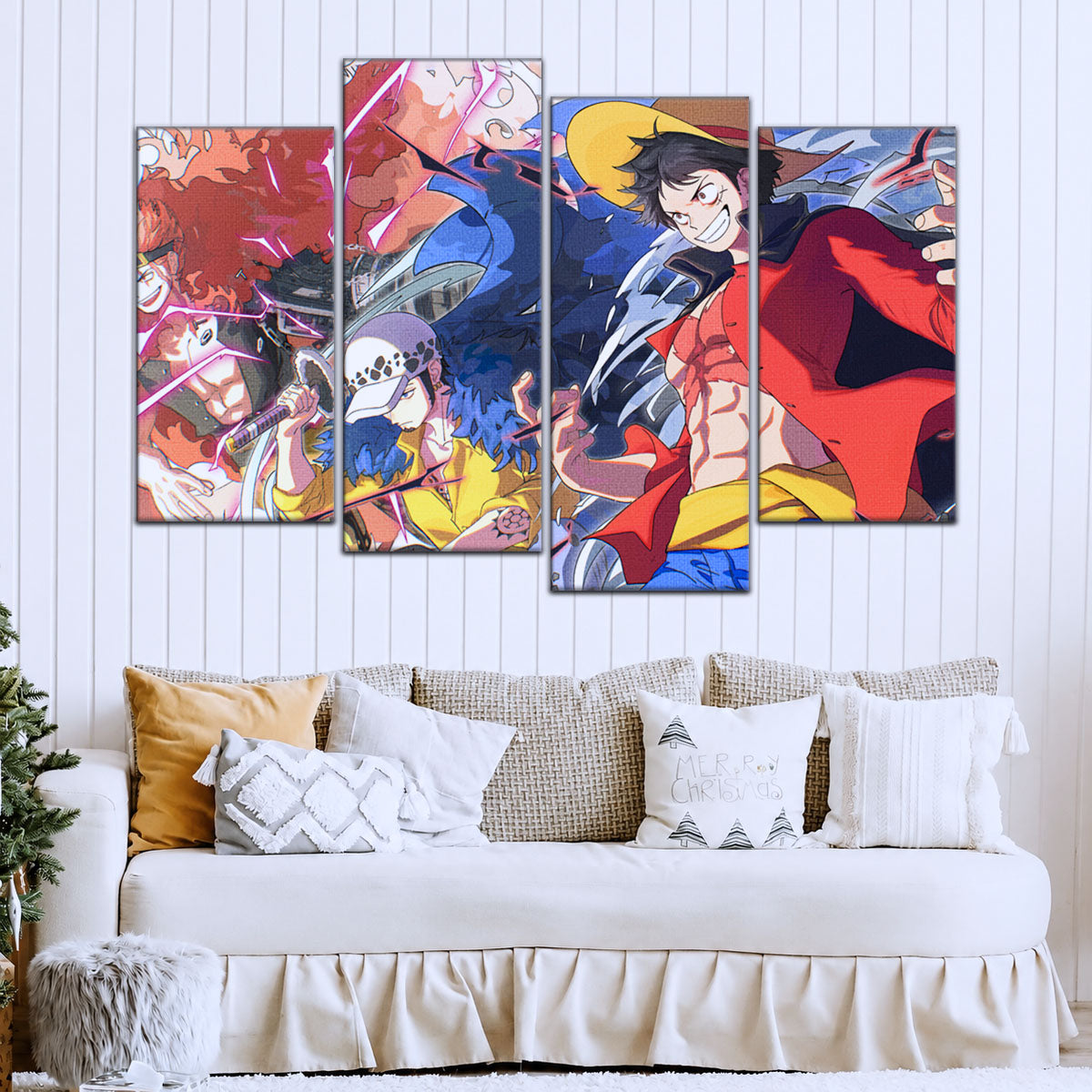 One Piece Canvas Wall Art - Luffy, Law & Kid 5 Piece Split Panel Anime Poster - Framed Ready to Hang Living Room & Man Cave Decor - OP5068