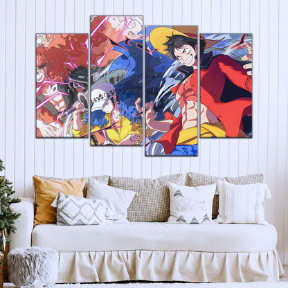 One Piece Canvas Wall Art - Luffy, Law & Kid 5 Piece Split Panel Anime Poster - Framed Ready to Hang Living Room & Man Cave Decor - OP5068