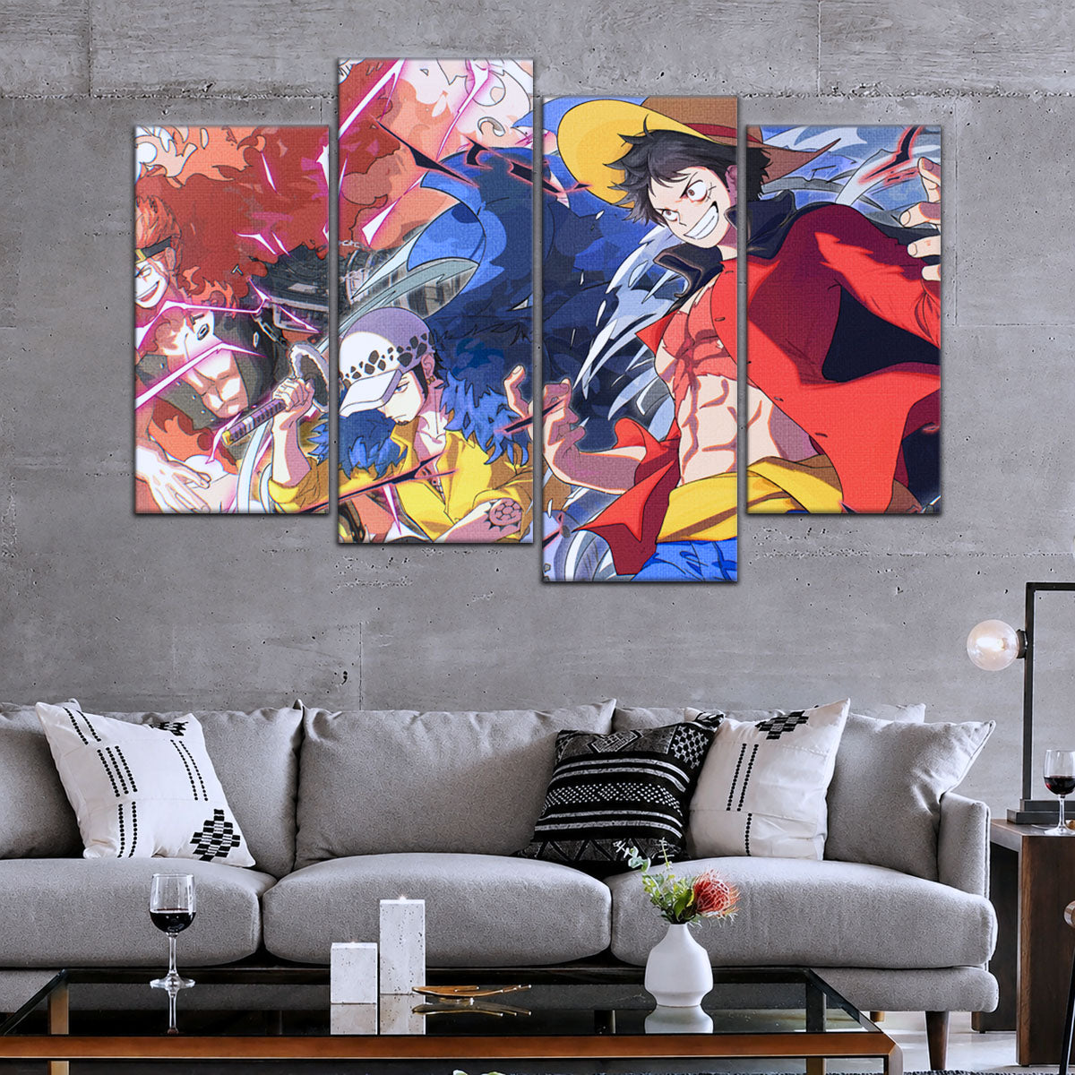 One Piece Canvas Wall Art - Luffy, Law & Kid 5 Piece Split Panel Anime Poster - Framed Ready to Hang Living Room & Man Cave Decor - OP5068