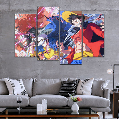 One Piece Canvas Wall Art - Luffy, Law & Kid 5 Piece Split Panel Anime Poster - Framed Ready to Hang Living Room & Man Cave Decor - OP5068