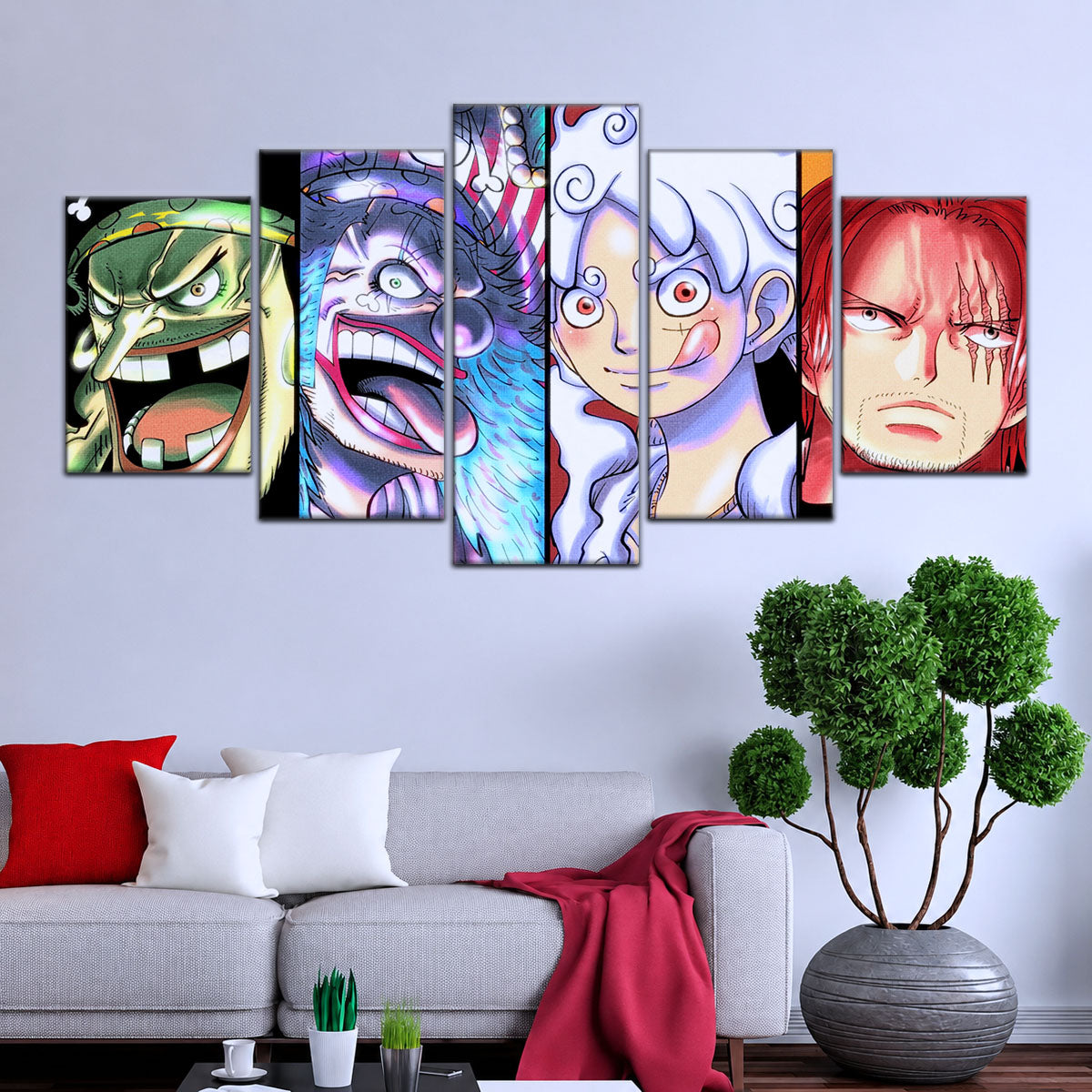 One Piece Canvas Wall Art - Luffy Gear 5, Buggy & Teach 5 Piece Split Panel Anime Poster - Framed Ready to Hang Living Room & Man Cave Decor - OP5069