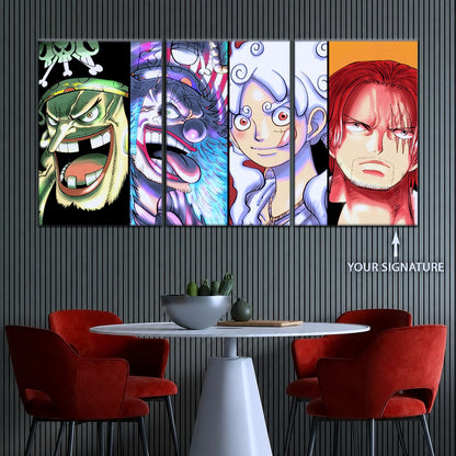 One Piece Canvas Wall Art - Luffy Gear 5, Buggy & Teach 5 Piece Split Panel Anime Poster - Framed Ready to Hang Living Room & Man Cave Decor - OP5069