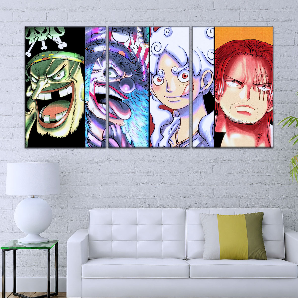 One Piece Canvas Wall Art - Luffy Gear 5, Buggy & Teach 5 Piece Split Panel Anime Poster - Framed Ready to Hang Living Room & Man Cave Decor - OP5069