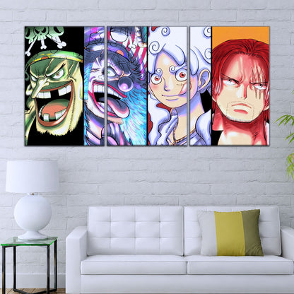 One Piece Canvas Wall Art - Luffy Gear 5, Buggy & Teach 5 Piece Split Panel Anime Poster - Framed Ready to Hang Living Room & Man Cave Decor - OP5069