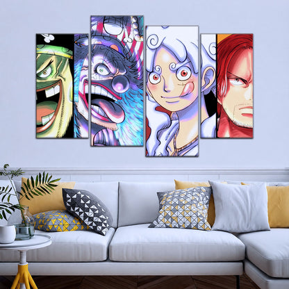 One Piece Canvas Wall Art - Luffy Gear 5, Buggy & Teach 5 Piece Split Panel Anime Poster - Framed Ready to Hang Living Room & Man Cave Decor - OP5069