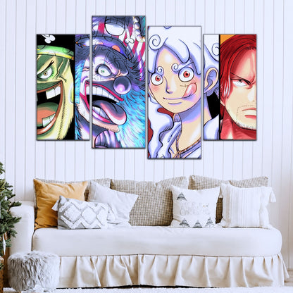 One Piece Canvas Wall Art - Luffy Gear 5, Buggy & Teach 5 Piece Split Panel Anime Poster - Framed Ready to Hang Living Room & Man Cave Decor - OP5069