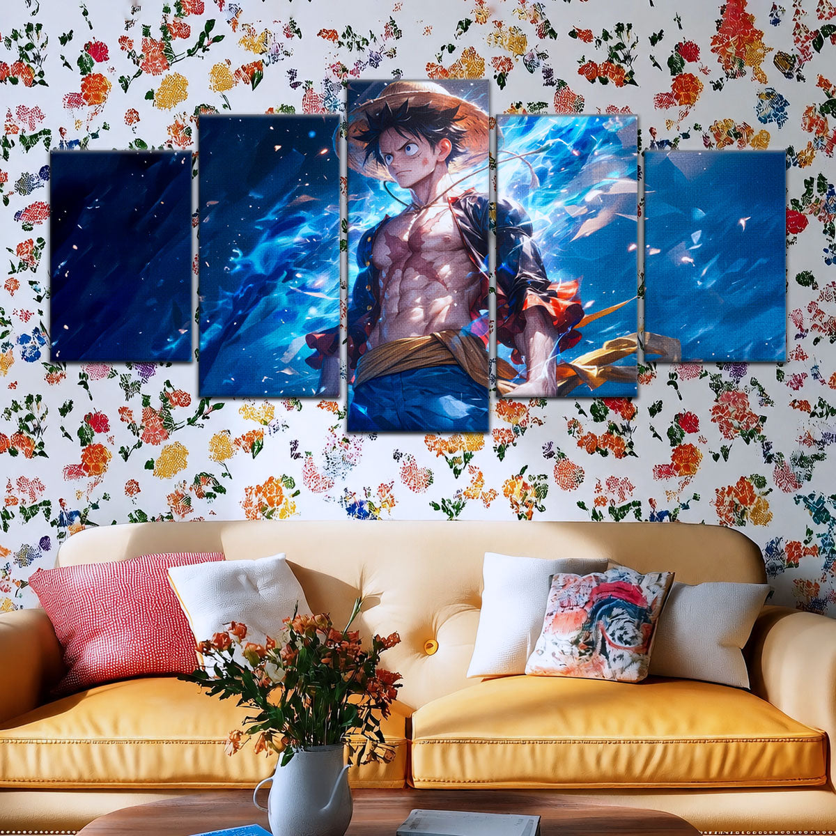 One Piece Canvas Wall Art - Monkey D. Luffy 5 Piece Split Panel Anime Poster - Framed Ready to Hang Living Room & Man Cave Decor - OP5071