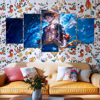 One Piece Canvas Wall Art - Monkey D. Luffy 5 Piece Split Panel Anime Poster - Framed Ready to Hang Living Room & Man Cave Decor - OP5071