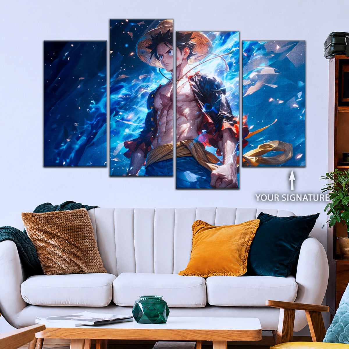 One Piece Canvas Wall Art - Monkey D. Luffy 5 Piece Split Panel Anime Poster - Framed Ready to Hang Living Room & Man Cave Decor - OP5071